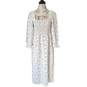 HOUSE OF HARLOW 1960 Smocked linen blend floral midi dress white blue size L